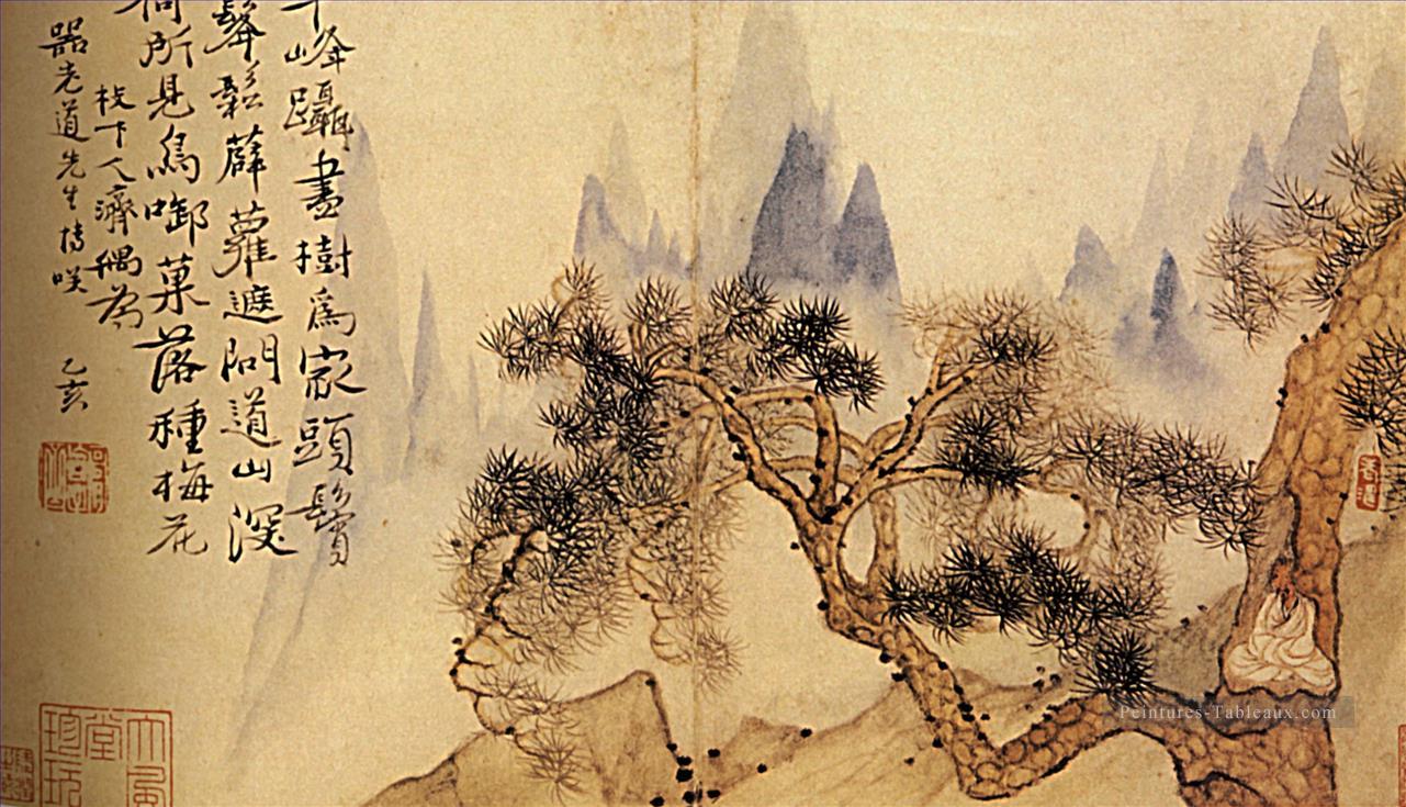 Shitao dans la méditation au pied des montagnes impossible 1695 vieille encre de Chine Peintures à l'huile